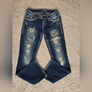 Silver Tuesday Flap Distressed Blue Jeans With Embellished Pockets